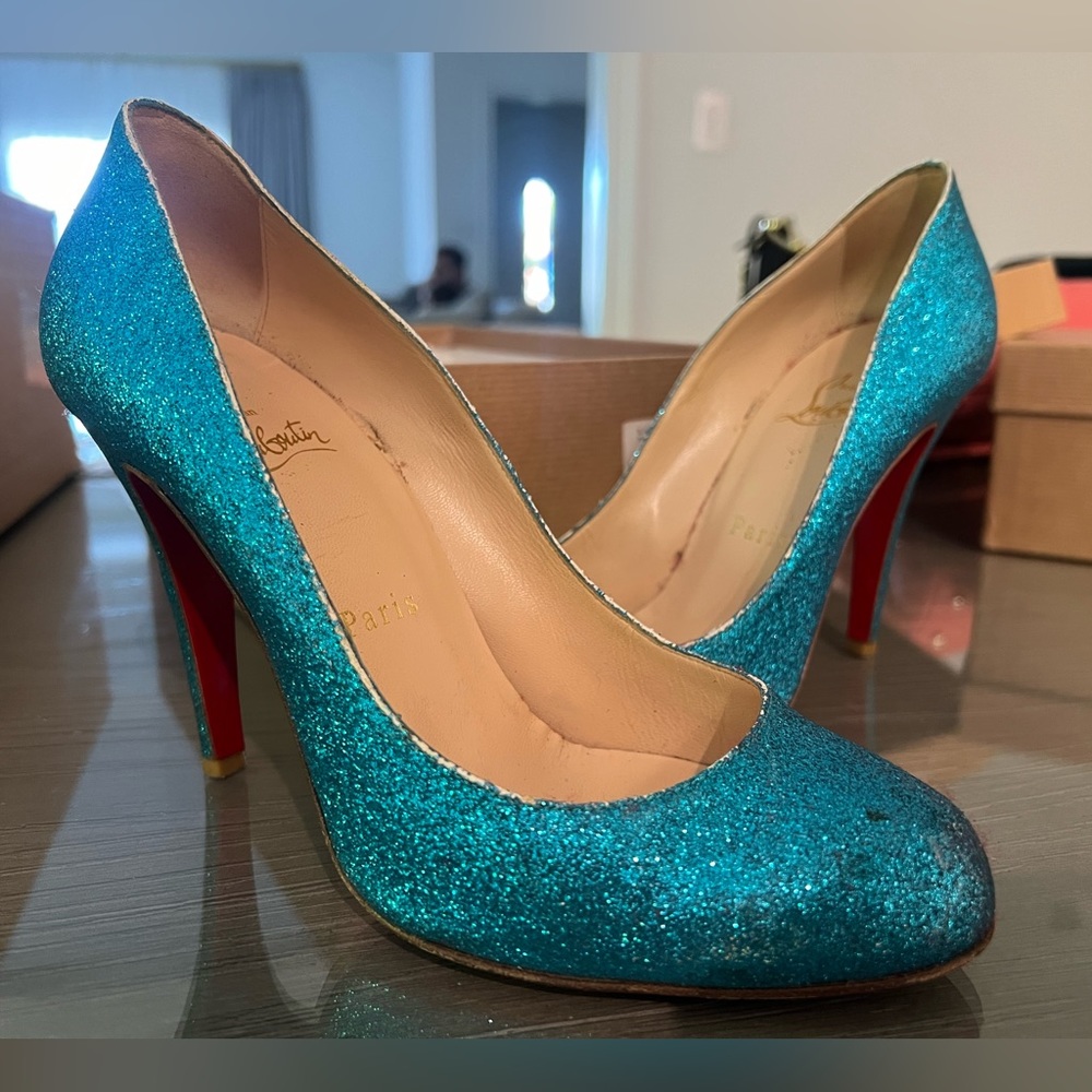 Christian Louboutin Ron Ron 100 Glitter Mini, Size 37.5, Glitter Blue